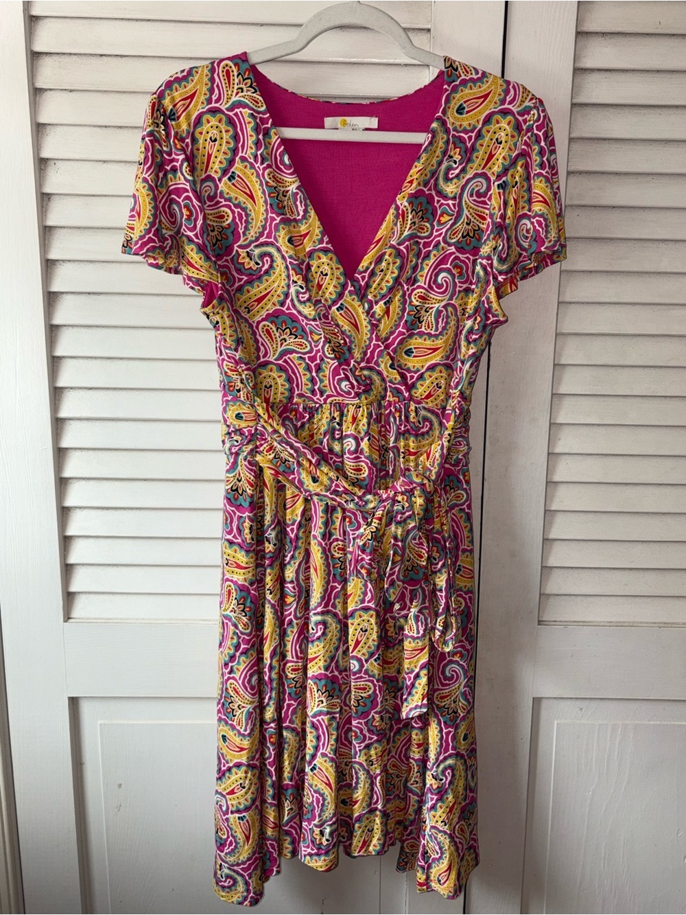 Boden Evangeline Paisley Jersey Faux Wrap Dress Pockets Pink Yellow Midi 12P - Picture 2 of 7
